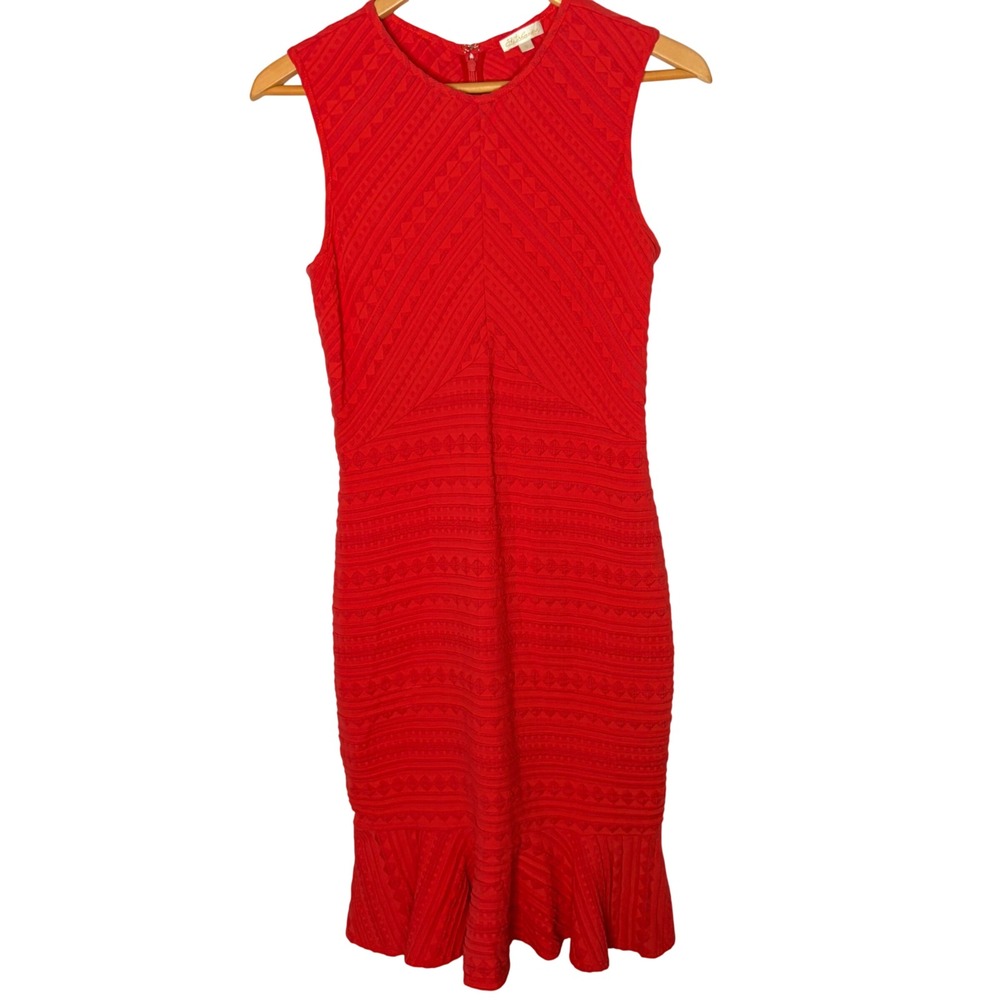 Shoshanna Sheath Dress Size 8 Red Ruffle Hem Holiday Knit Sleeveless Stretch